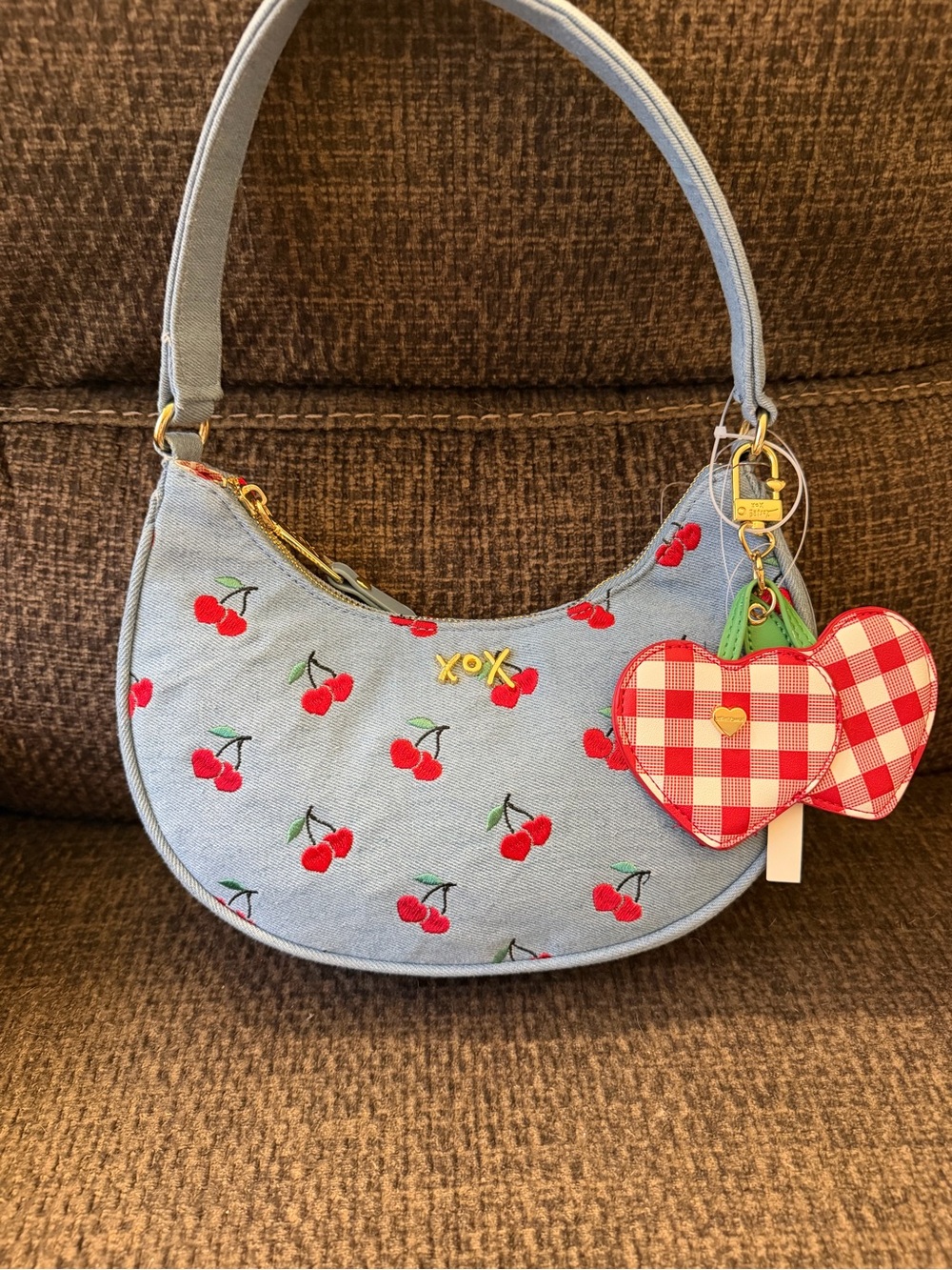 Betsey Johnson Denim Cherry Embroidered Shoulder Bag Zip Gold Hardware 🍒